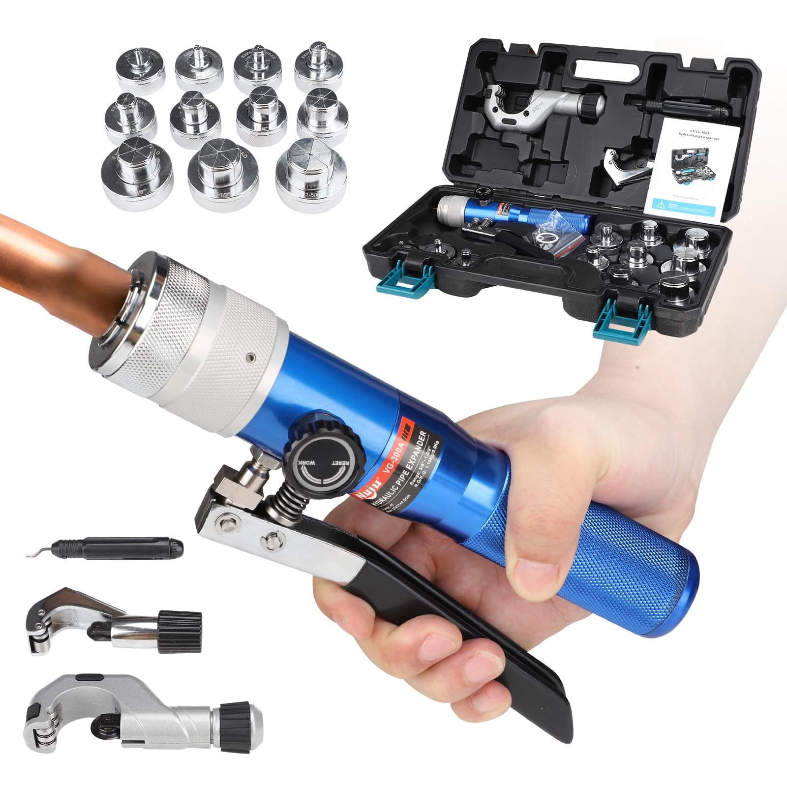 Nuiu VG-300A Hydraulic Pipe Expander Tool Kit, 4T Crimping Pressure with 11 E…