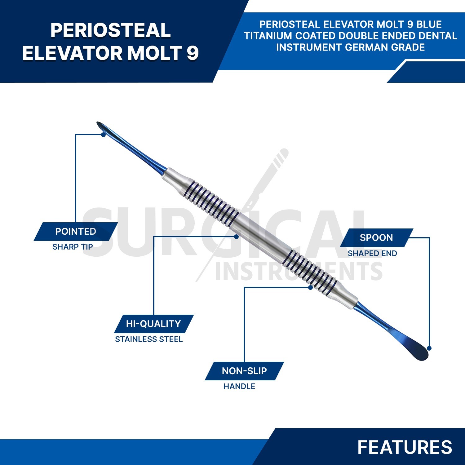 5 Pcs Molt Periosteal Elevator # 9 W/Blue Tips Dental Hollow Handle German Grade