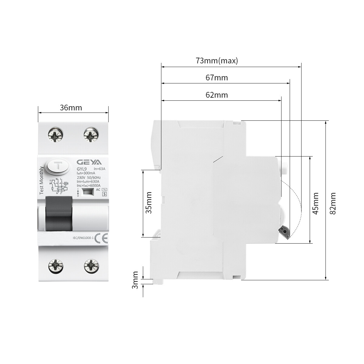 GEYA ELCB Circuit Breaker 2/4 Pole 25/40/63/80/100Amp 30/100/300mA AC-Type RCCB