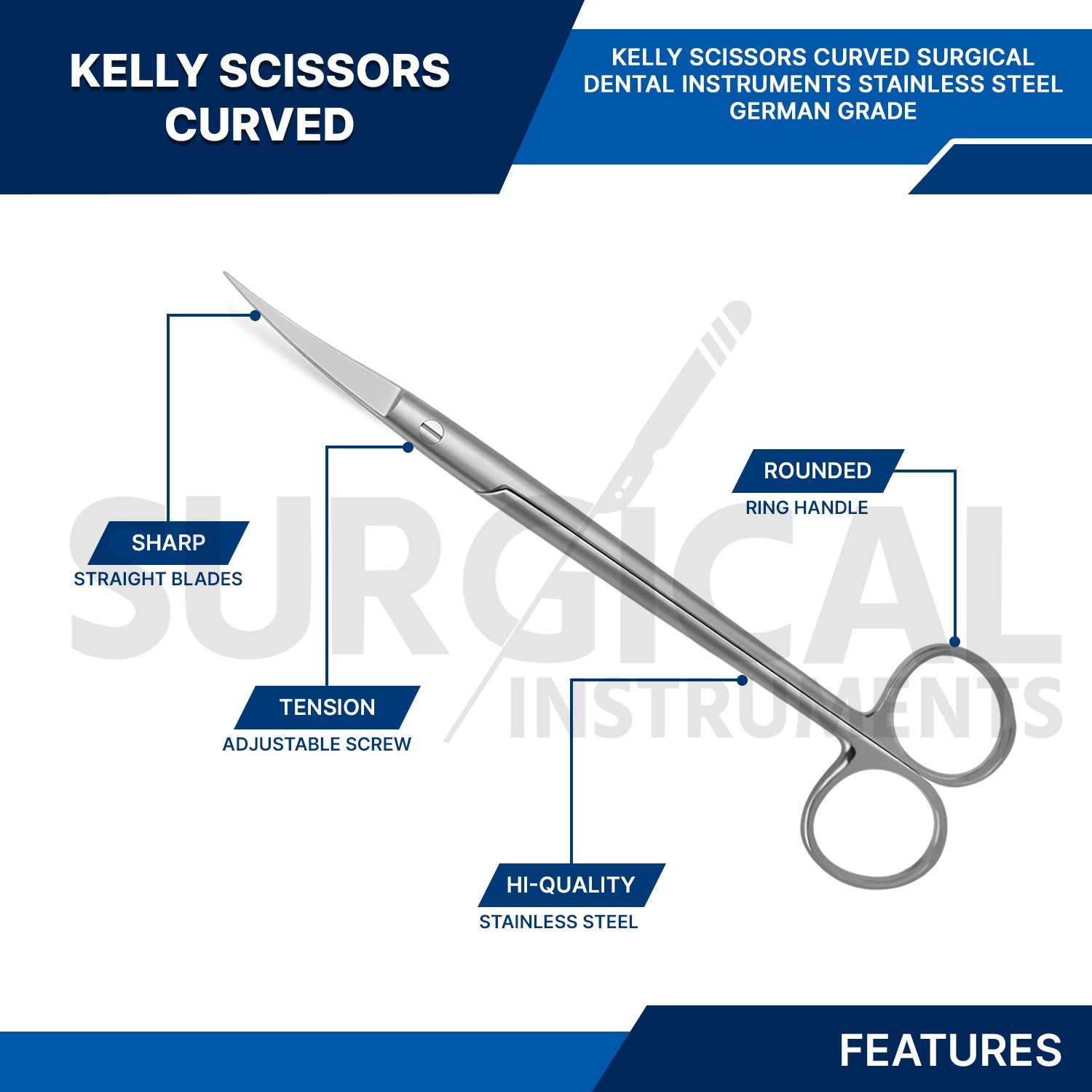 Dental Surgical Medical ENT Scissors Kelly Curved 7″ Sharp/Sharp German Grade