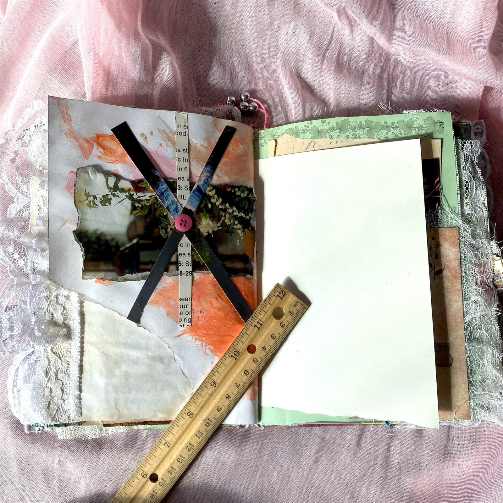 Handmade Vintage Silk Fabric Junk Journal Book Romantic Floral 2 Signatures Lace