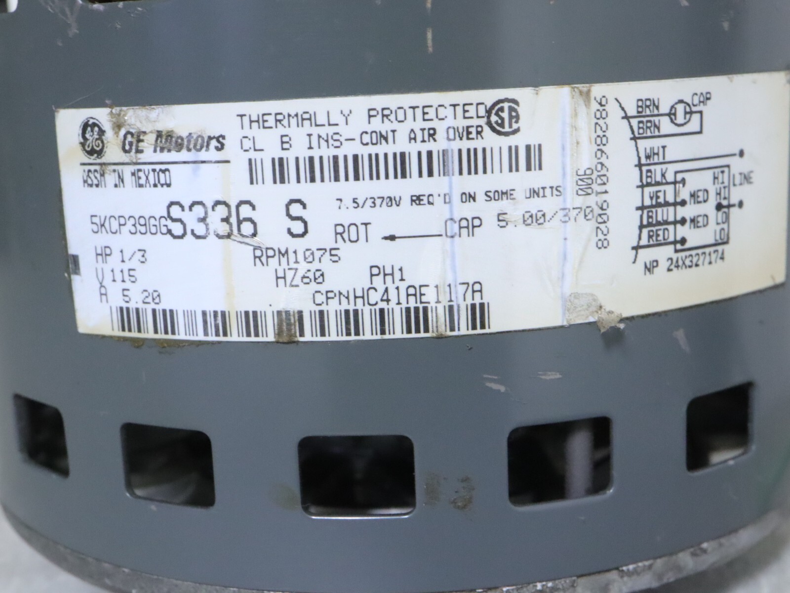 GE Genteq 5KCP39GGS336S Blower Motor 1/3HP 1075RPM 1PH 115V HC41AE117A