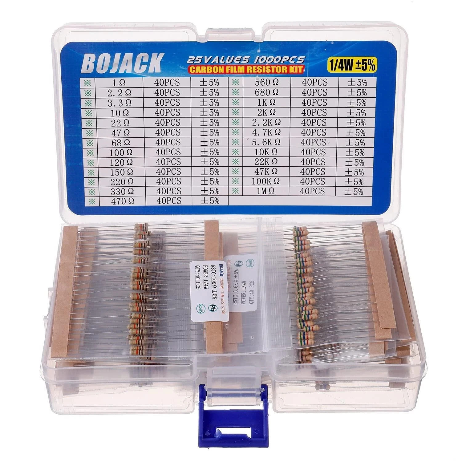 Kit De Resistencias 1000 Piezas 25 Valores 1 Ohm-1m Ohm 5% 1/4w Pelã­cula Carbon