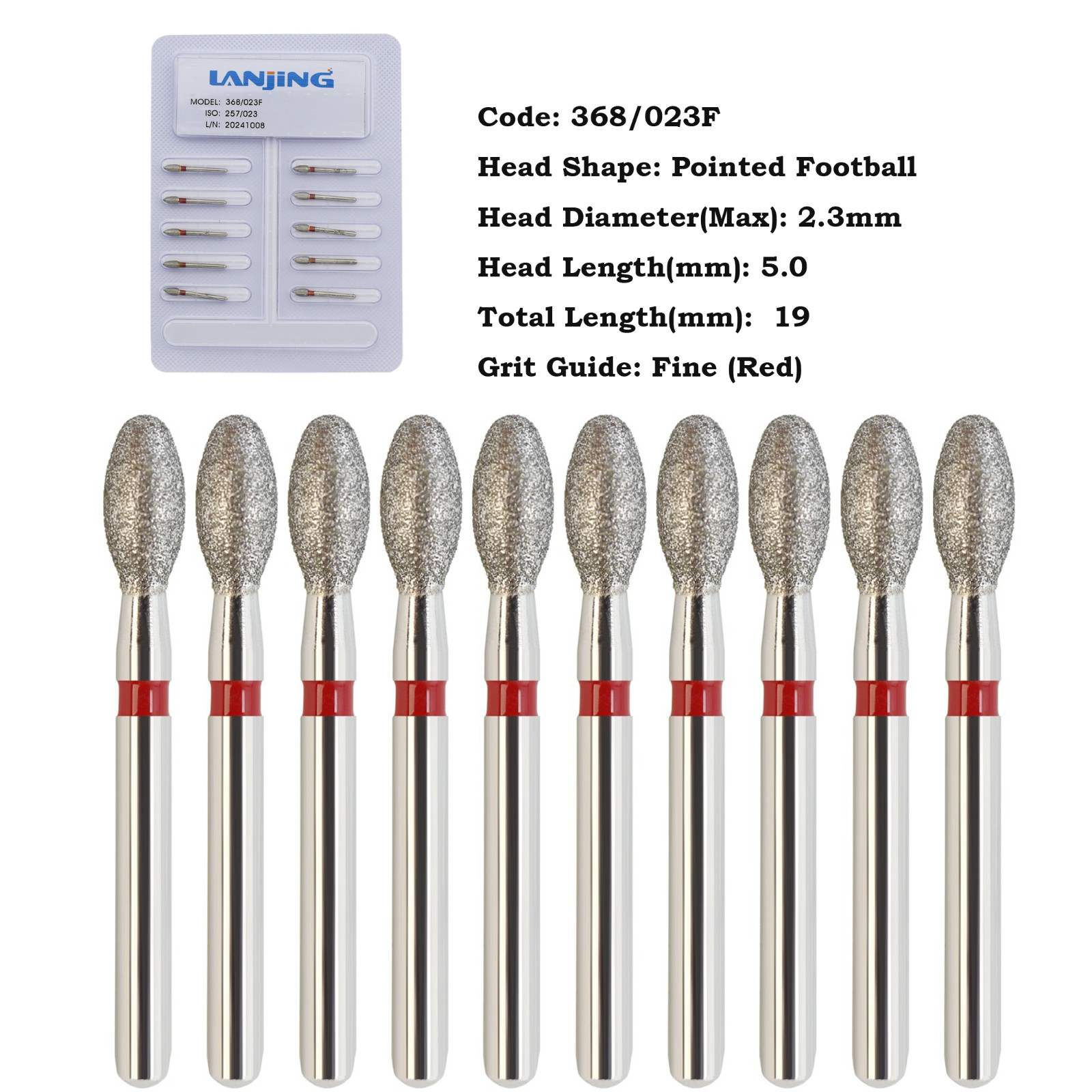 Dental Diamond Bur Football Egg 368/023F 379/023F Fine Grit Red FG High Speed