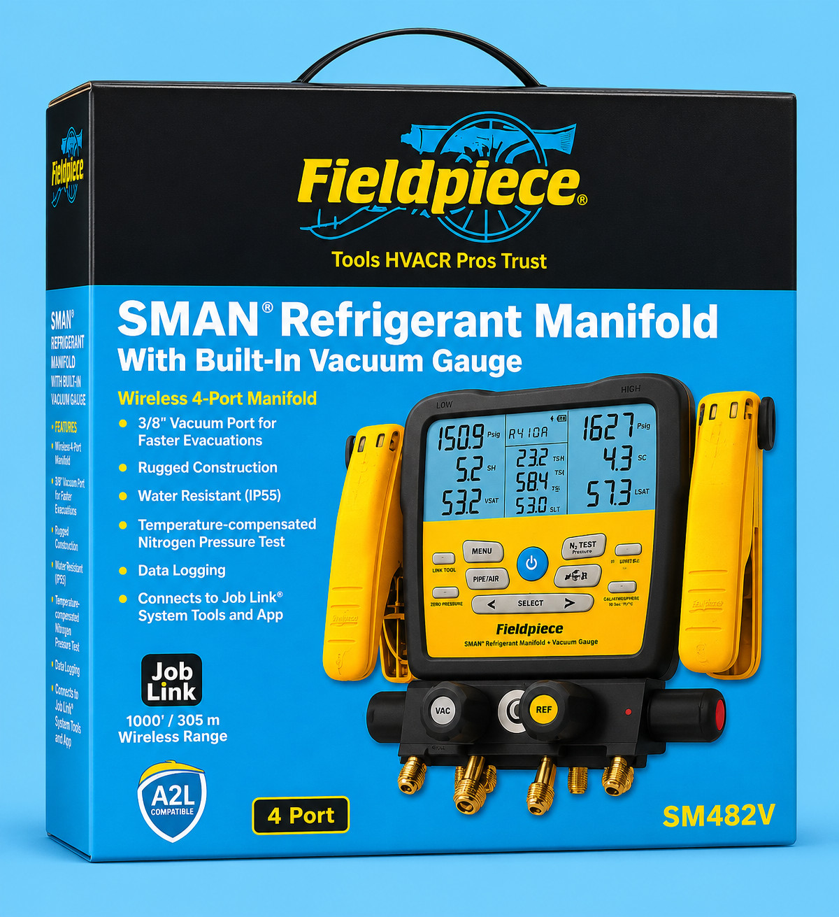 Fieldpiece SM482V Wireless 4-Port SMAN Refrigerant Manifold with Vacuum Gauge