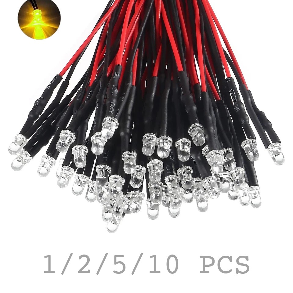 3mm Amber / Yellow LED Light Clear Bulb Round Top PCB Attached Pre-Wired 5V-12V