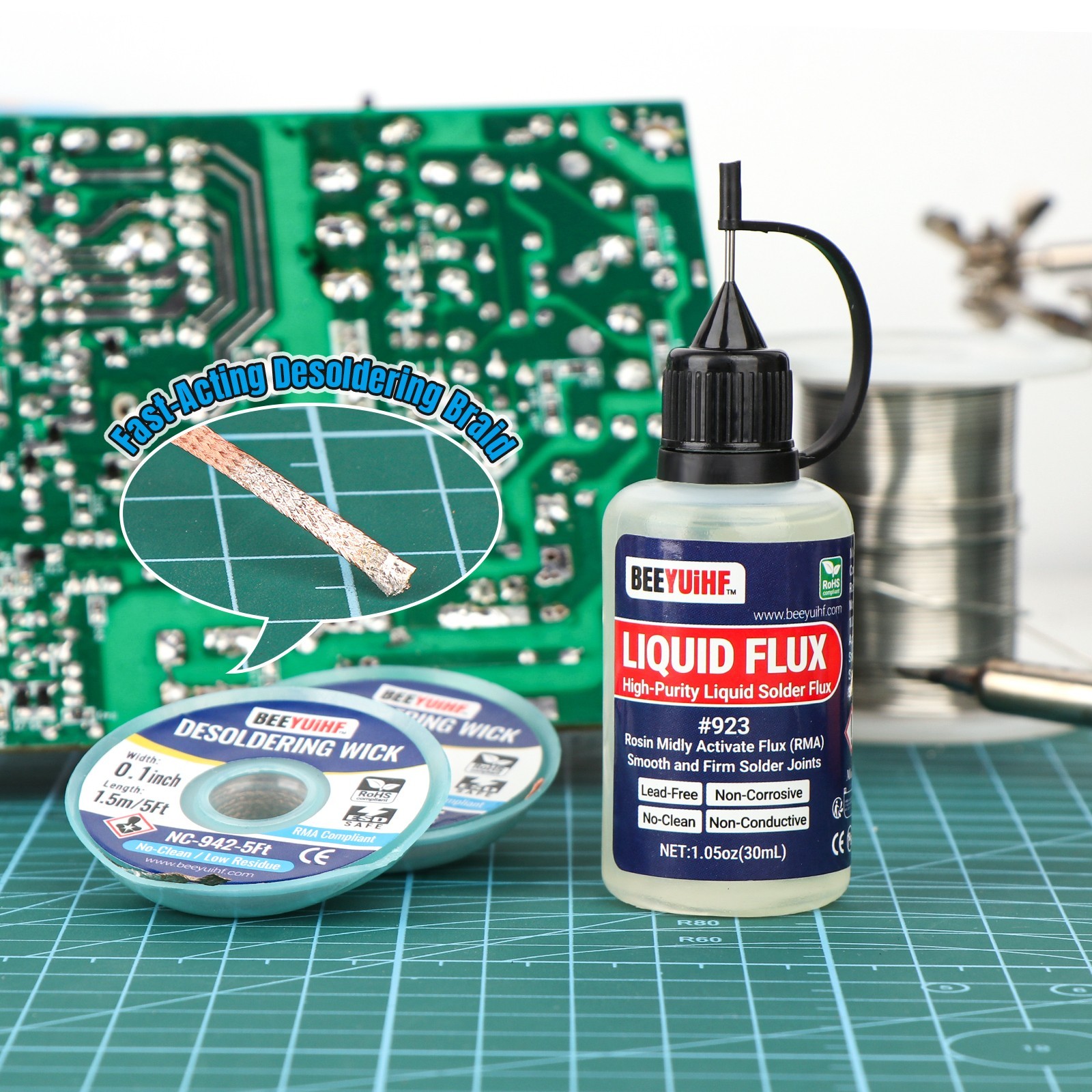 30ml1oz BEEYUIHF 923 Rosin No Clean Liquid Solder Flux, 2PCS Solder Wick Braid