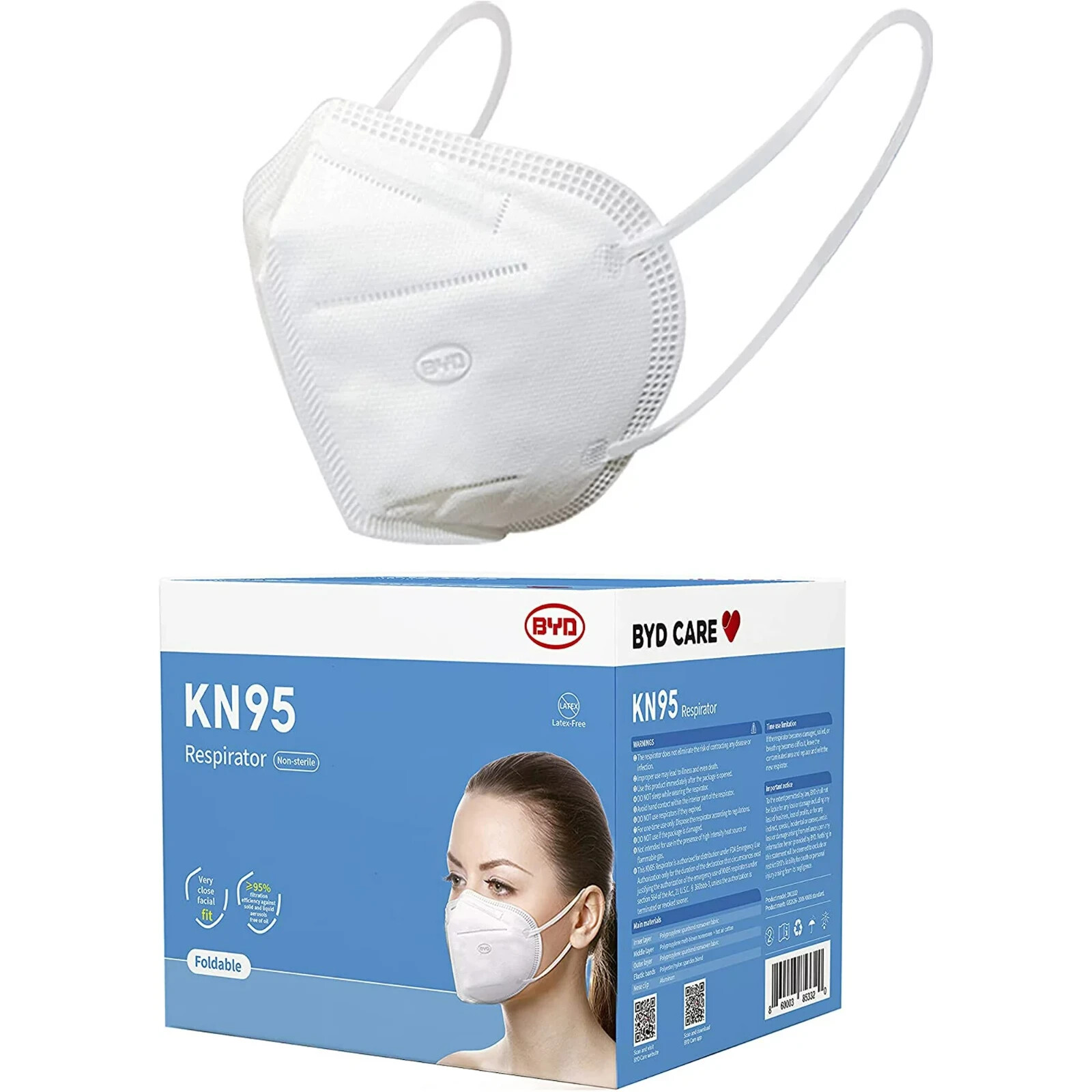 BYD CARE KN95 Respirator, 50 Pieces, Breathable & Comfortable Foldable Safety