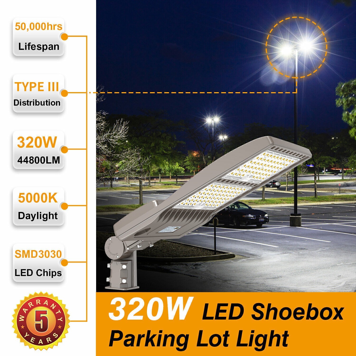 320W LED Shoebox Pole Light Outdoor Commercial Parking Lot Street Lighting 5000K
