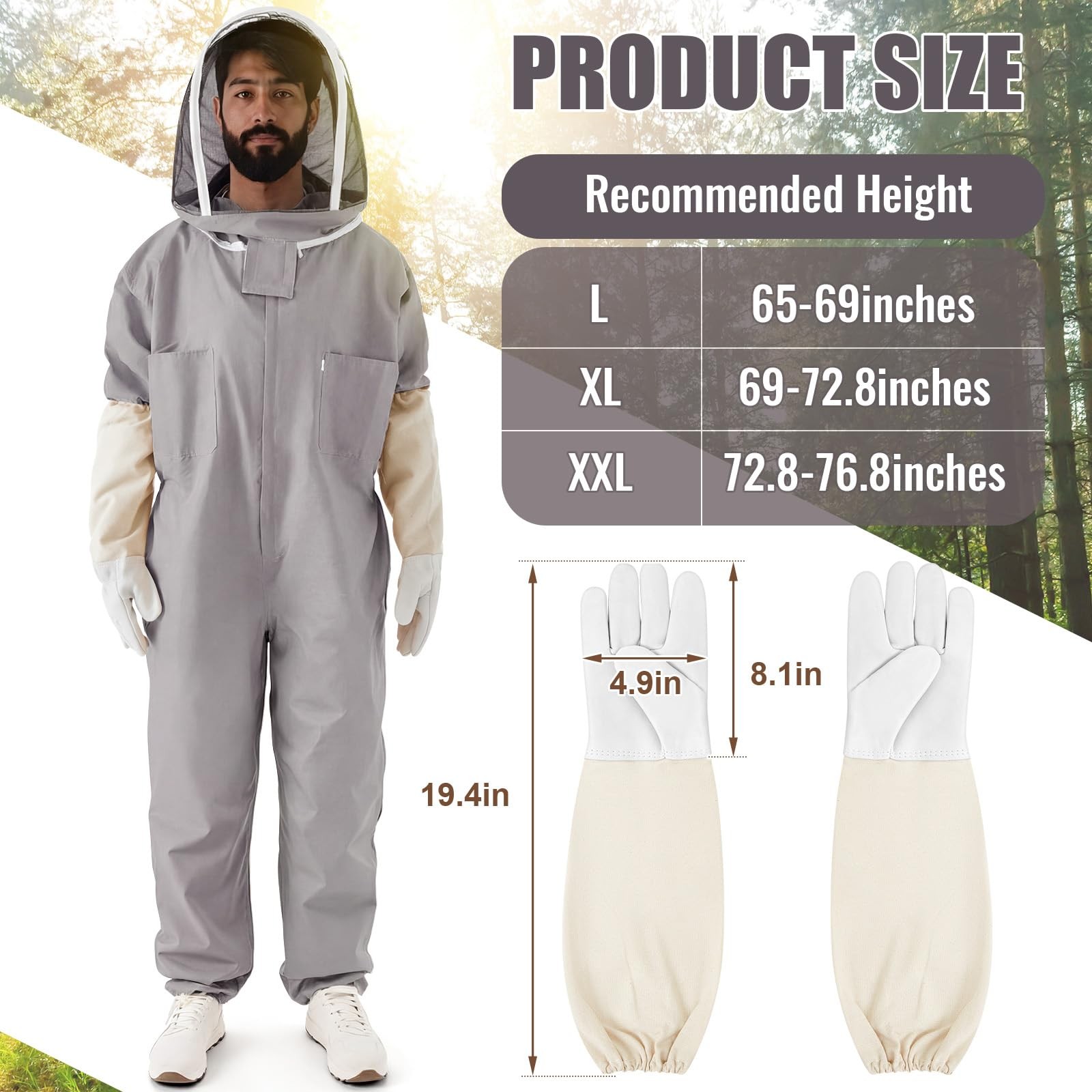 Bee Keeper Suit for Men Women, Bee Suit with Gloves & Veil Hood, Multi-Size L…