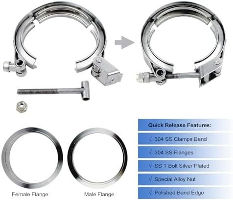 2.25 Inch V Band Clamp Kit with Male Female Flanges, 2 Pack Quick Release Stainl
