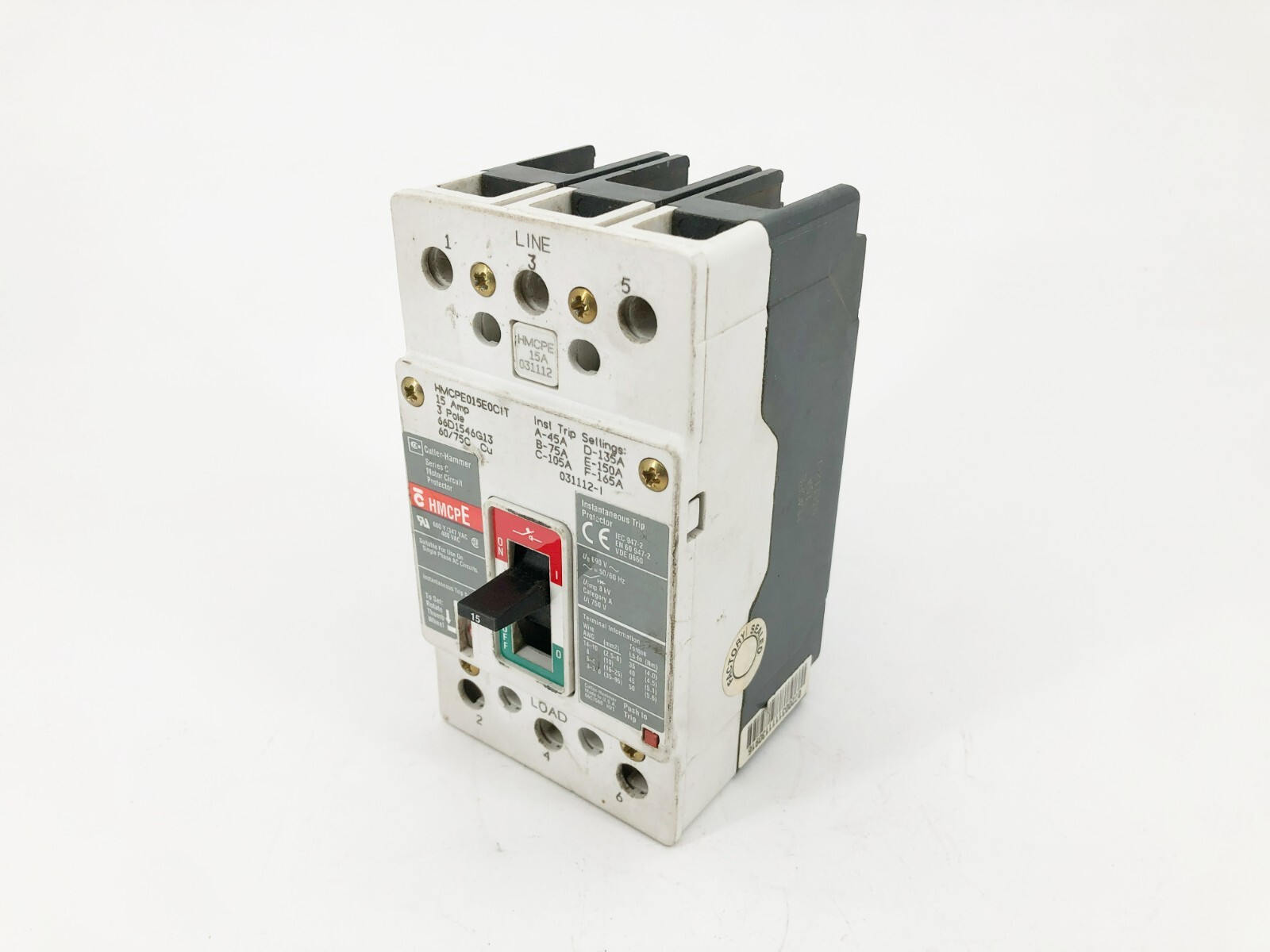 Cutler Hammer HMCPE015E0CIT Motor Circuit Protector Breaker 3P 480V 15A