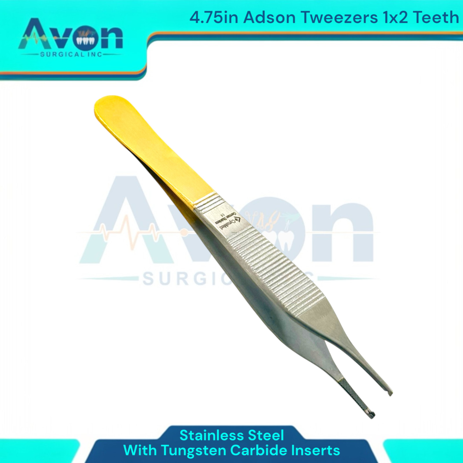 Gold Handle 1×2 Teeth Adson Tissue Forceps, 4.75in, w/ TC Inserts – German Steel