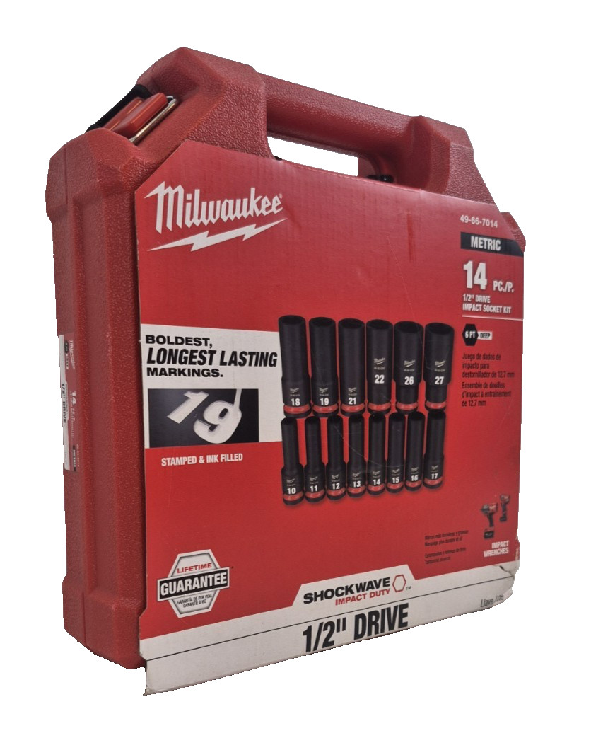Milwaukee SHOCKWAVE 1/2″ Drive Metric Deep Well 6 Point Impact Socket Set 14 Pc