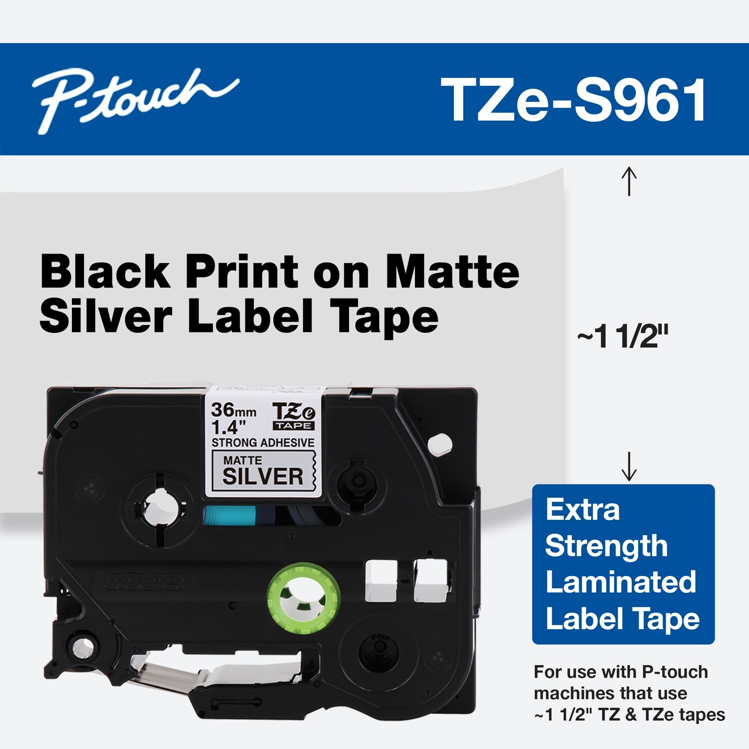 Genuine Brother TZe-S961 Strong Adhesive Black on Silver 36mm 1 1/2″ Label Tape