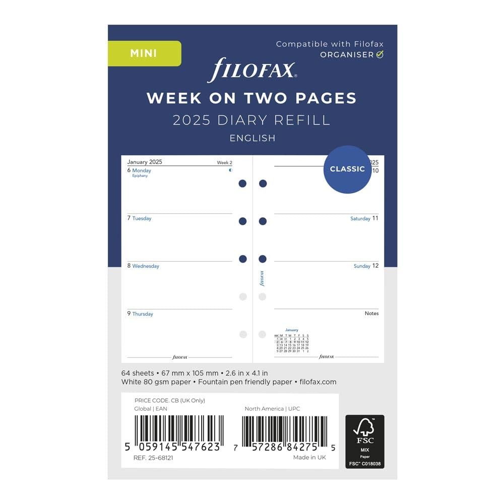 Calendar Diary Refill, Mini Size, Week-to-View with Notes Section, White , Un…