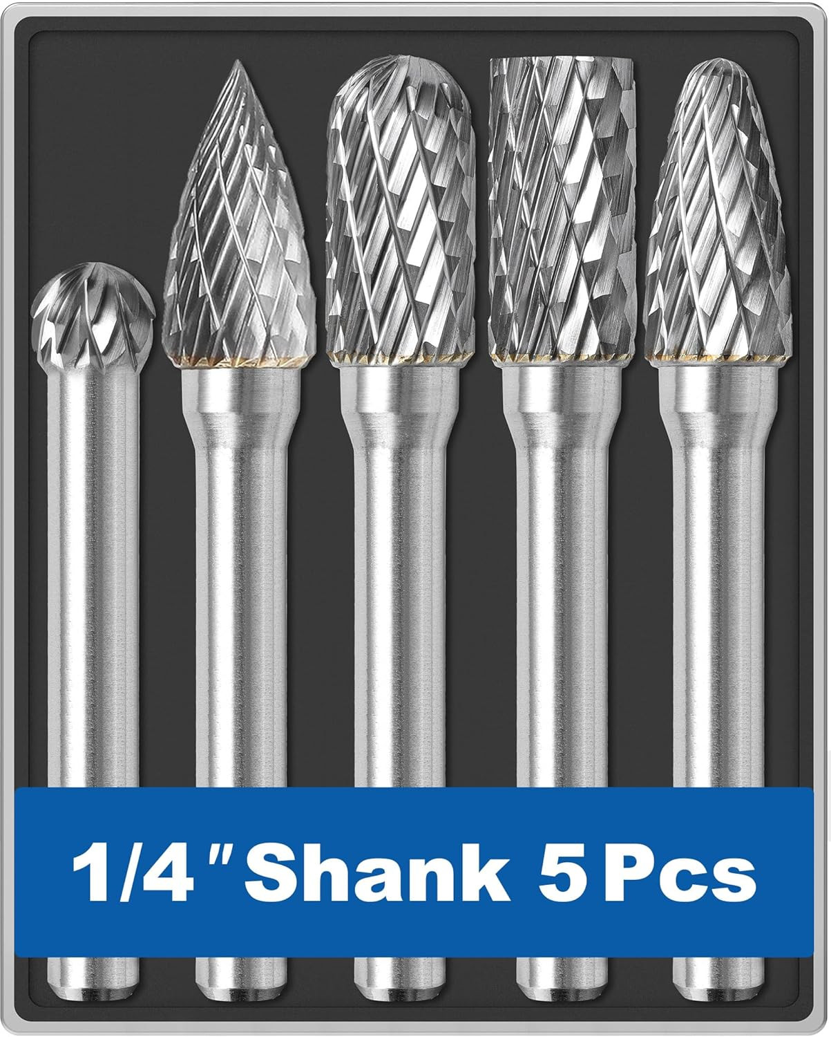 5x Carbide Burr Set 1/4″ Shank with Case – 8mm Rotary Bits for Metal Wood Stone