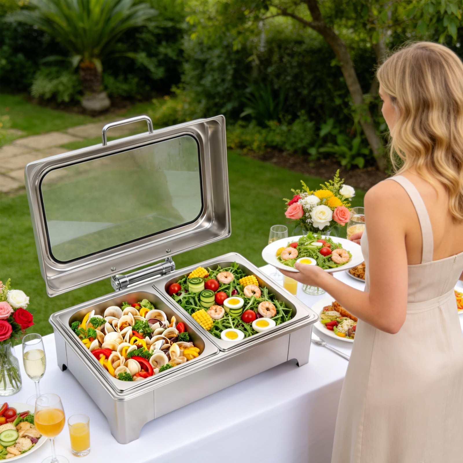 400W 9.5QT 2 Tray Stainless Steel Chafer Chafing Dish Catering Food Warmer Hotel