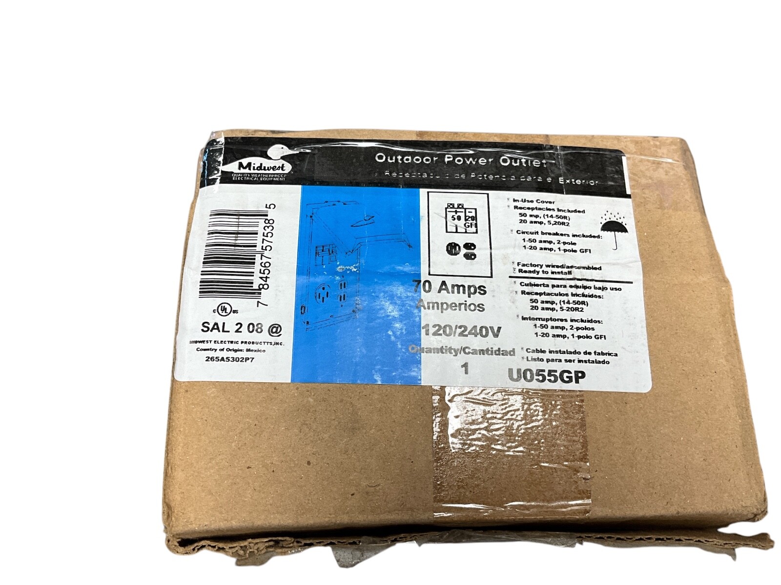 Midwest U055GP Unmetered Power Outlet, 120/240 VAC, 70 A, 1 ph Phase