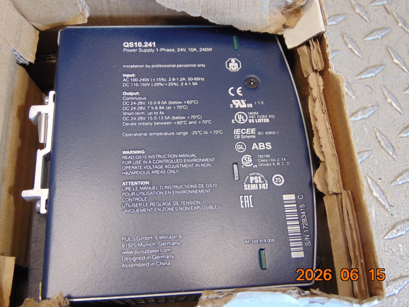 PULS QS10.241 POWER SUPPLY 1-PHASE 24V 10A 240W