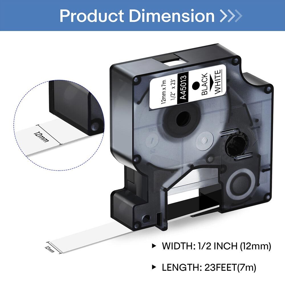 5PK For Dymo D1 Black on White S0720530 Label Tape Cassette 45013 1/2″ 12mm 160