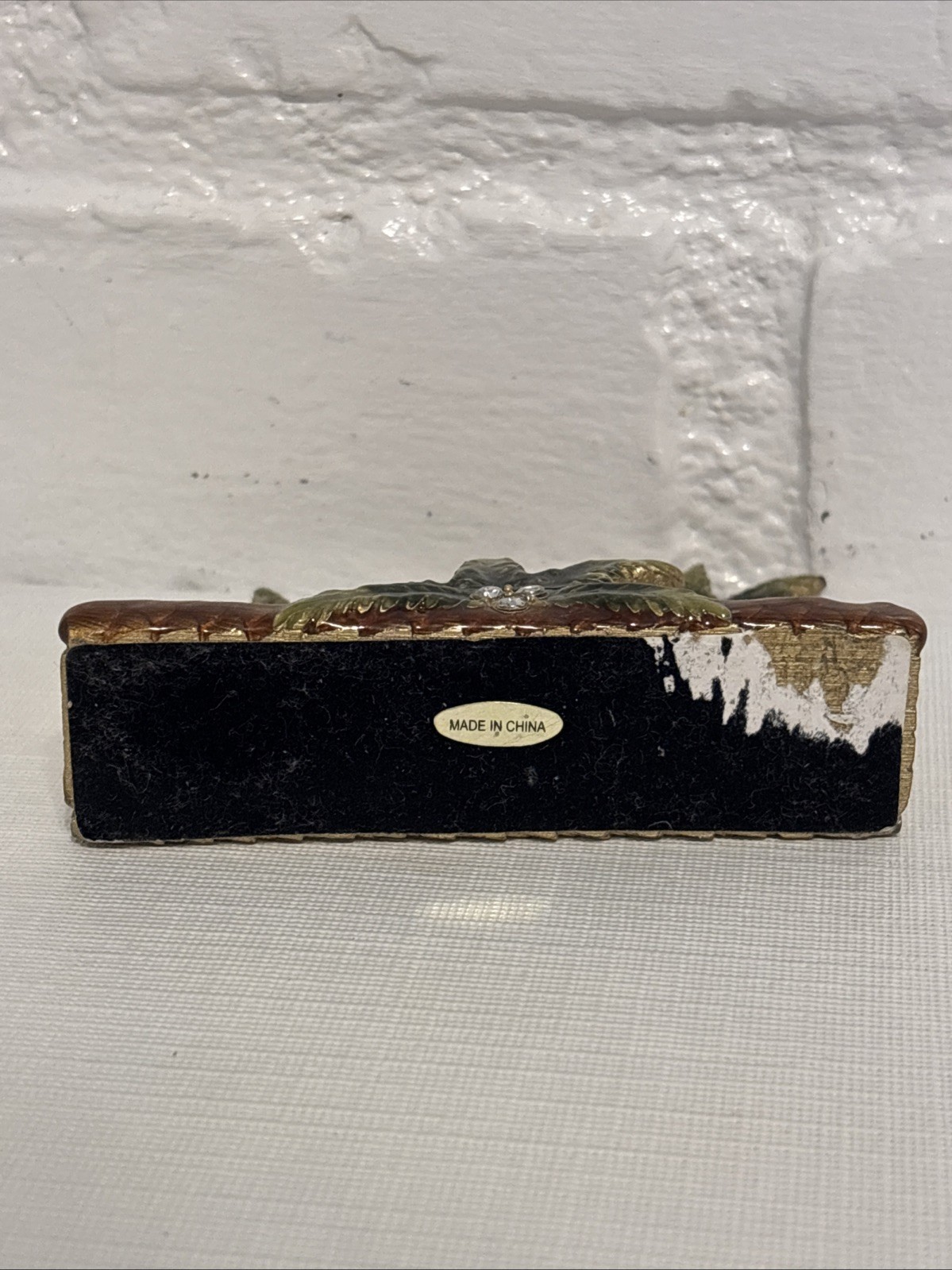 VTG Enamel Heavy Business Card Holder Desk Palm Trees Rhinestones Metal Art