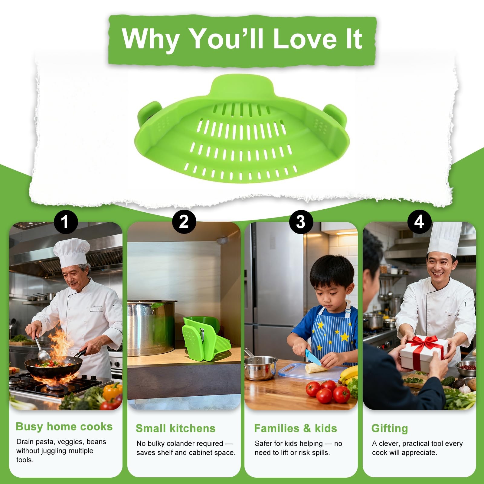 AriesMu Pasta Strainer Clip-on Silicone Colander for 9.45*4.72*2.36in, Green