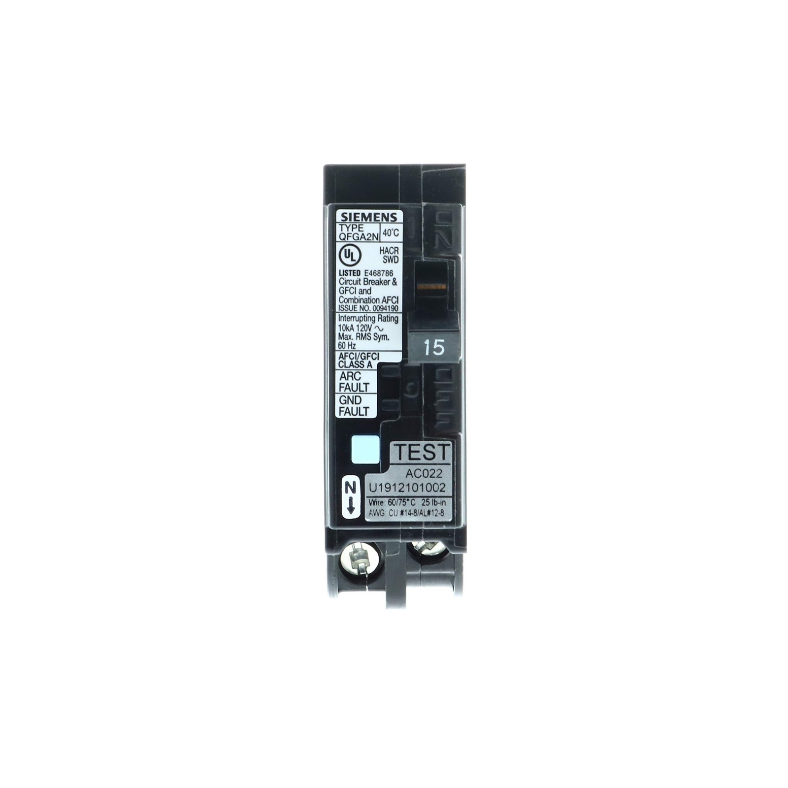 Siemens Q115DFN 15 Amp 1-Pole Dual Function (CAFCI/GFCI) Plug-On Neutral Circ…