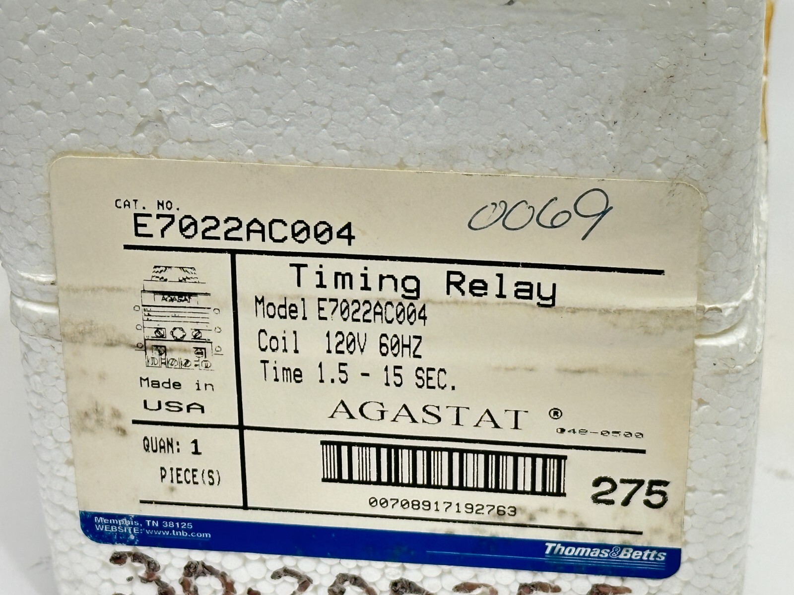 Thomas & Betts E7022AC004 Agastat Timing Relay 1.5-15 Seconds 120V Coil