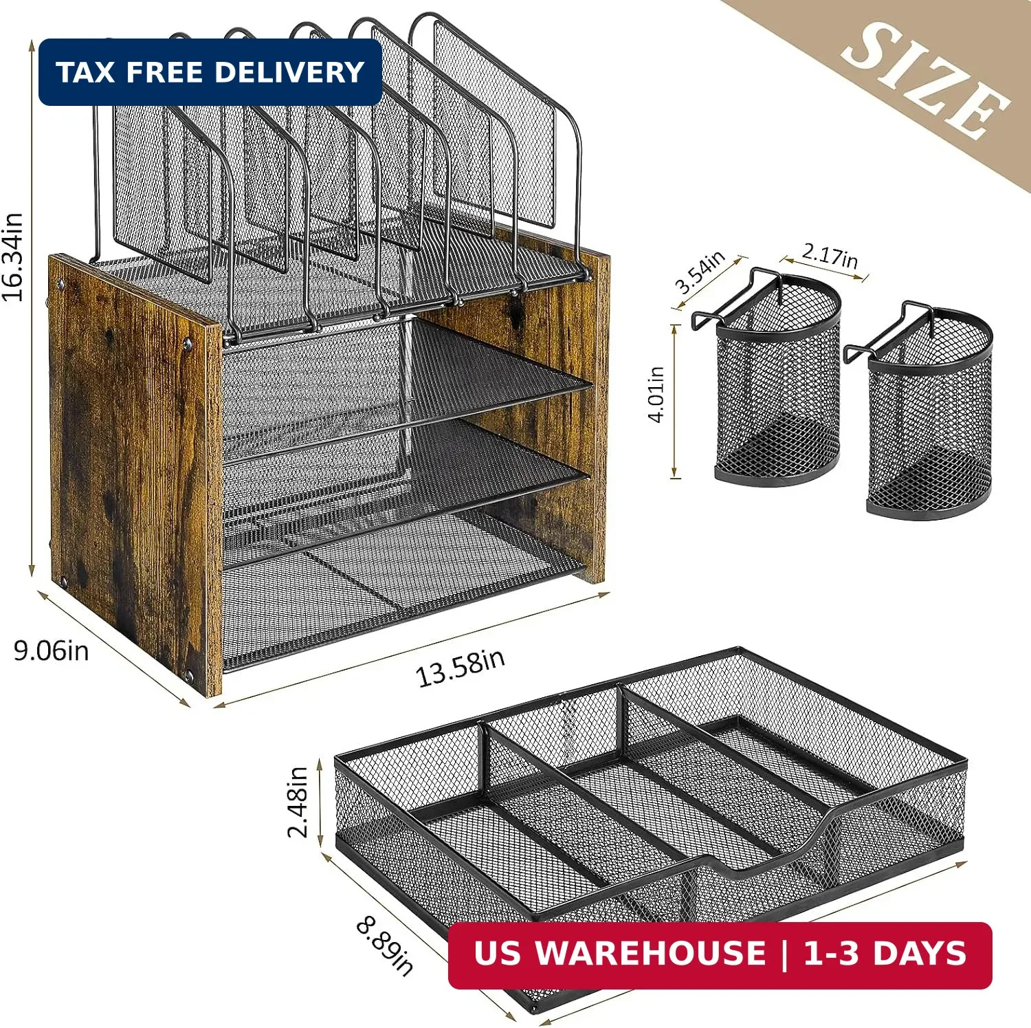 4-Tier Mesh Desk Organizer, Wooden Desk File Organizer with 5 Vertical File Hold