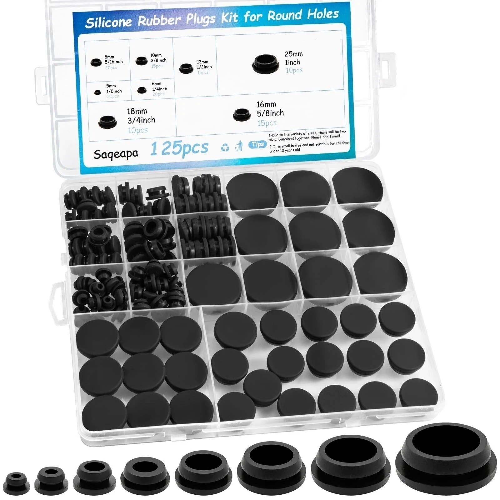 125PCS Rubber Hole Plugs Set 8 Sizes Black Silicone Round Snap Locking Grommets