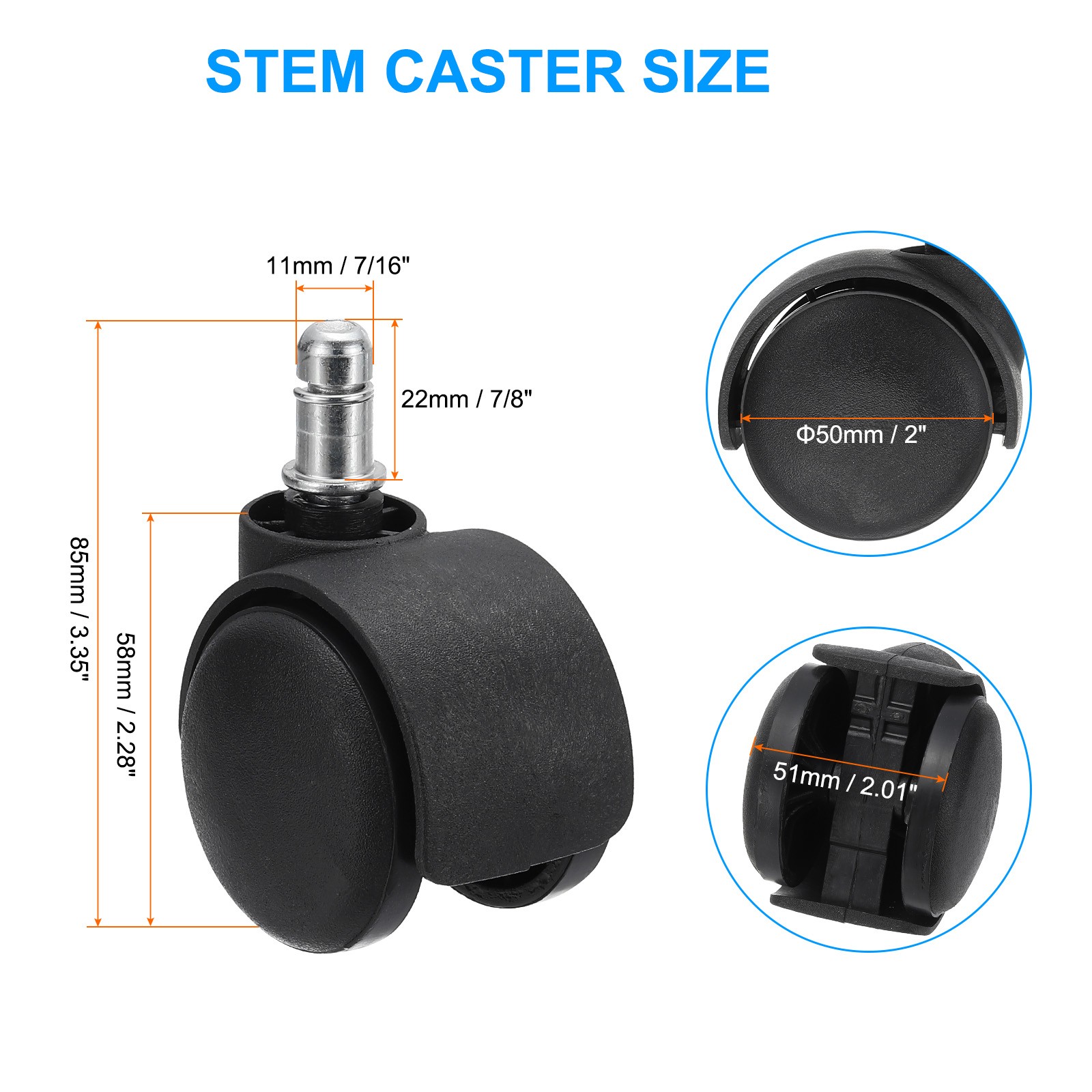 2 Inch Office Chair Wheels Smooth Quite Gaming Chair Rolling Caster Black