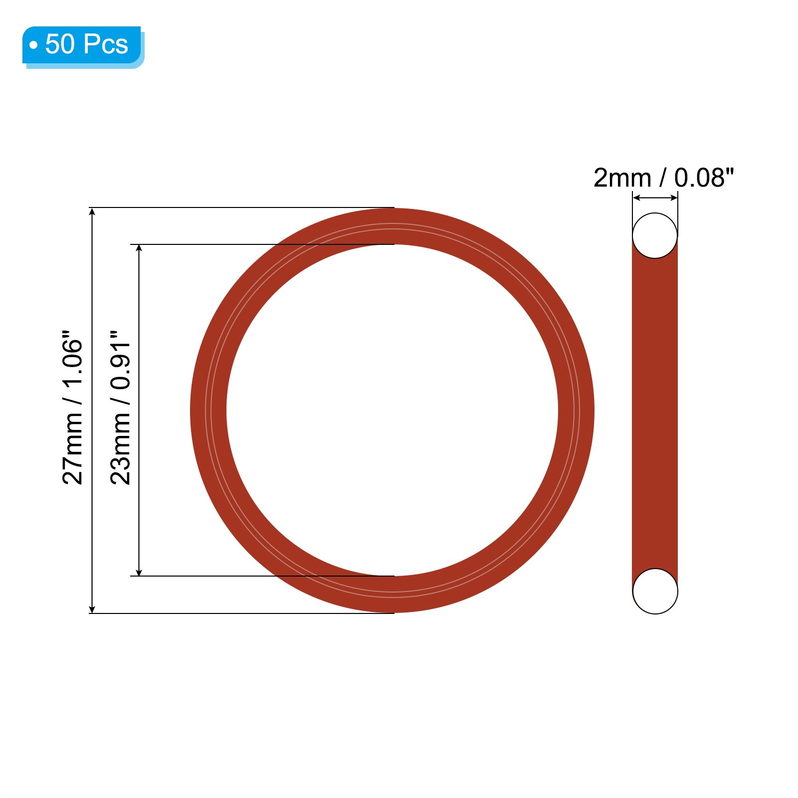 50Pcs Silicone O-Ring 27mm OD 23mm ID 2mm Width VMQ Sealing Gasket, Red