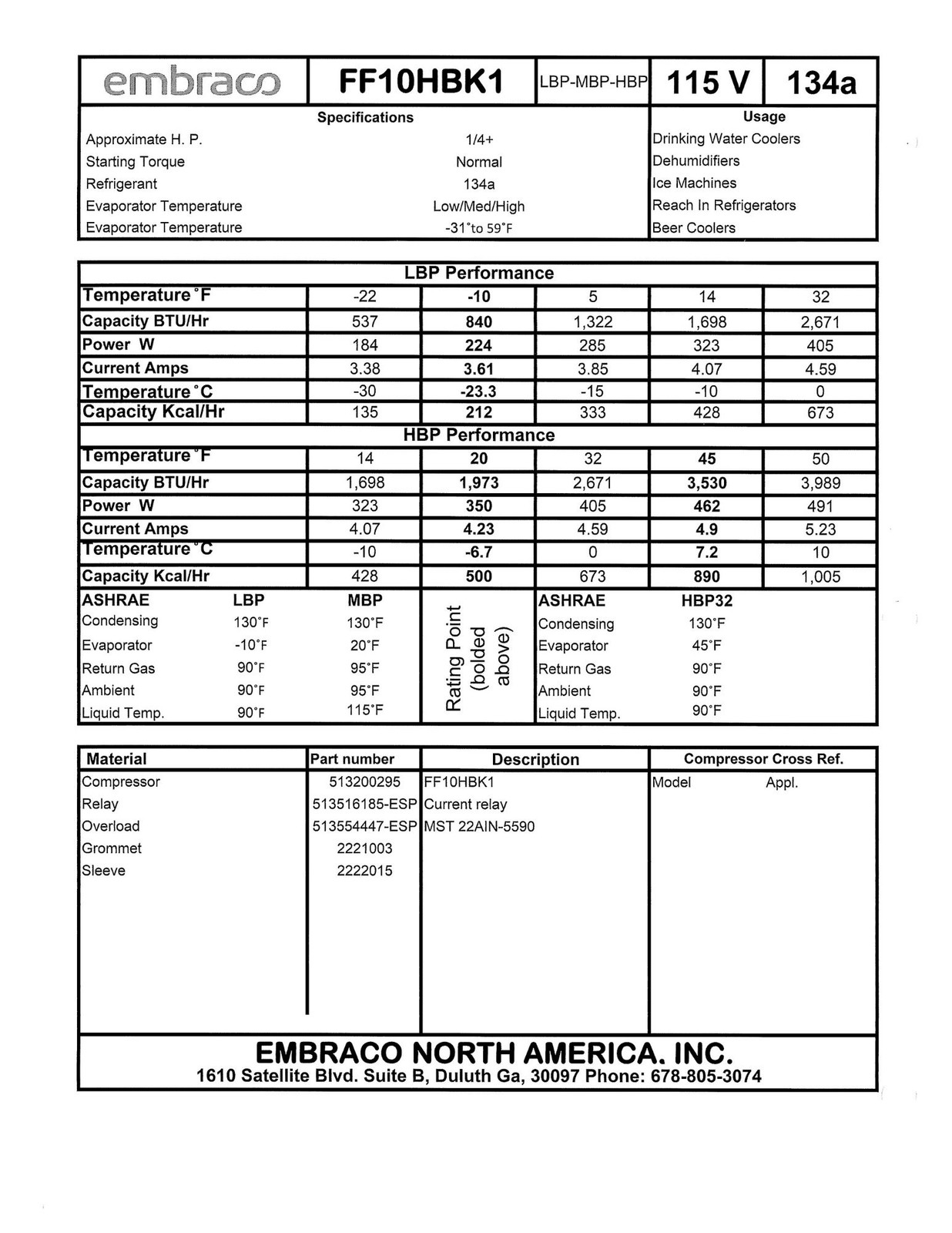 Embroco FF10HBK Refrigerator Compressor 1/4+HP L/MBP R-134a 115V
