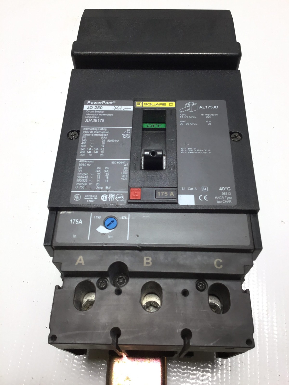 Square JD250 JDA36175 Circuit Breaker 175A 3-Pole 600V