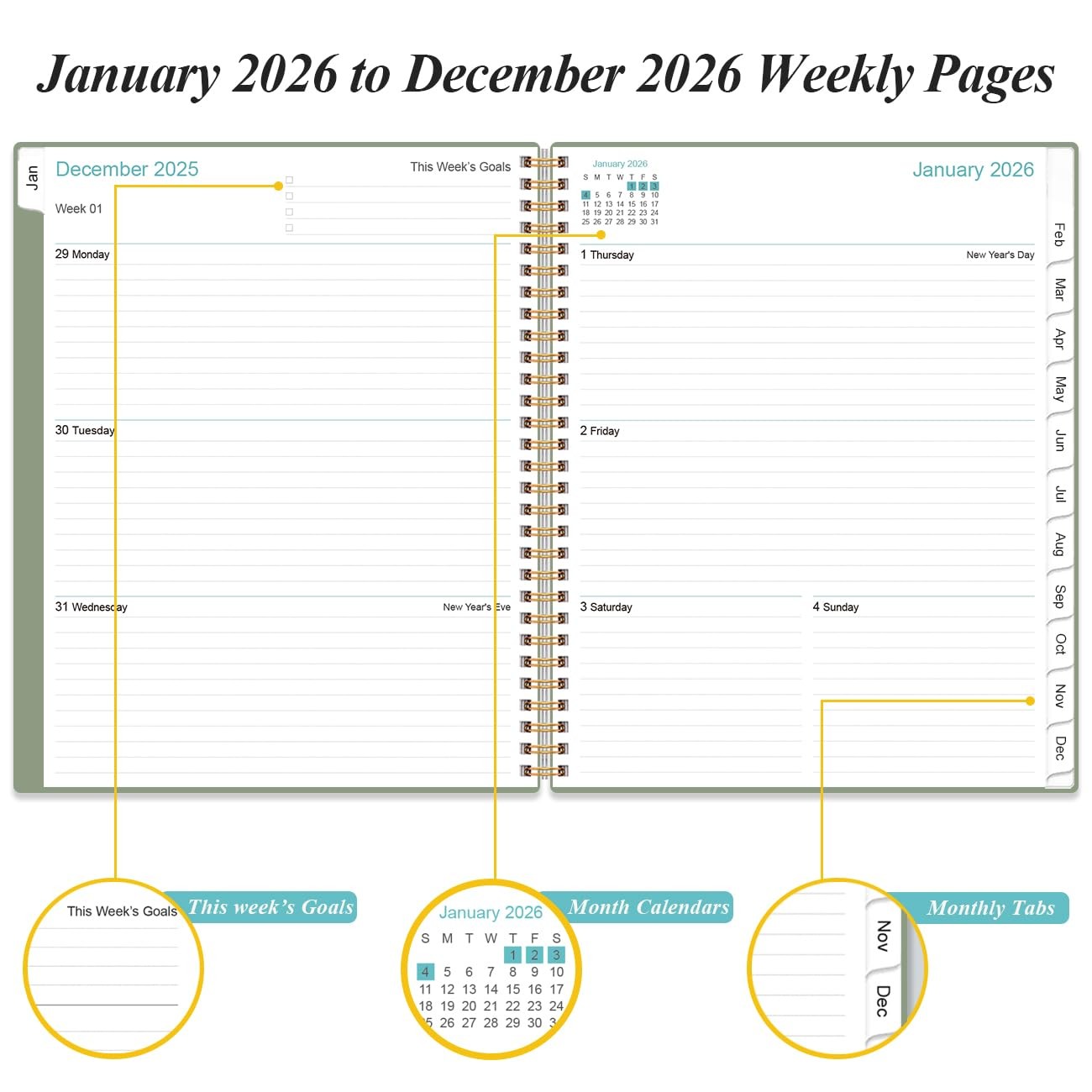 2026 Planner – Weekly Monthly 2026 from January 2026 to A4, Green
