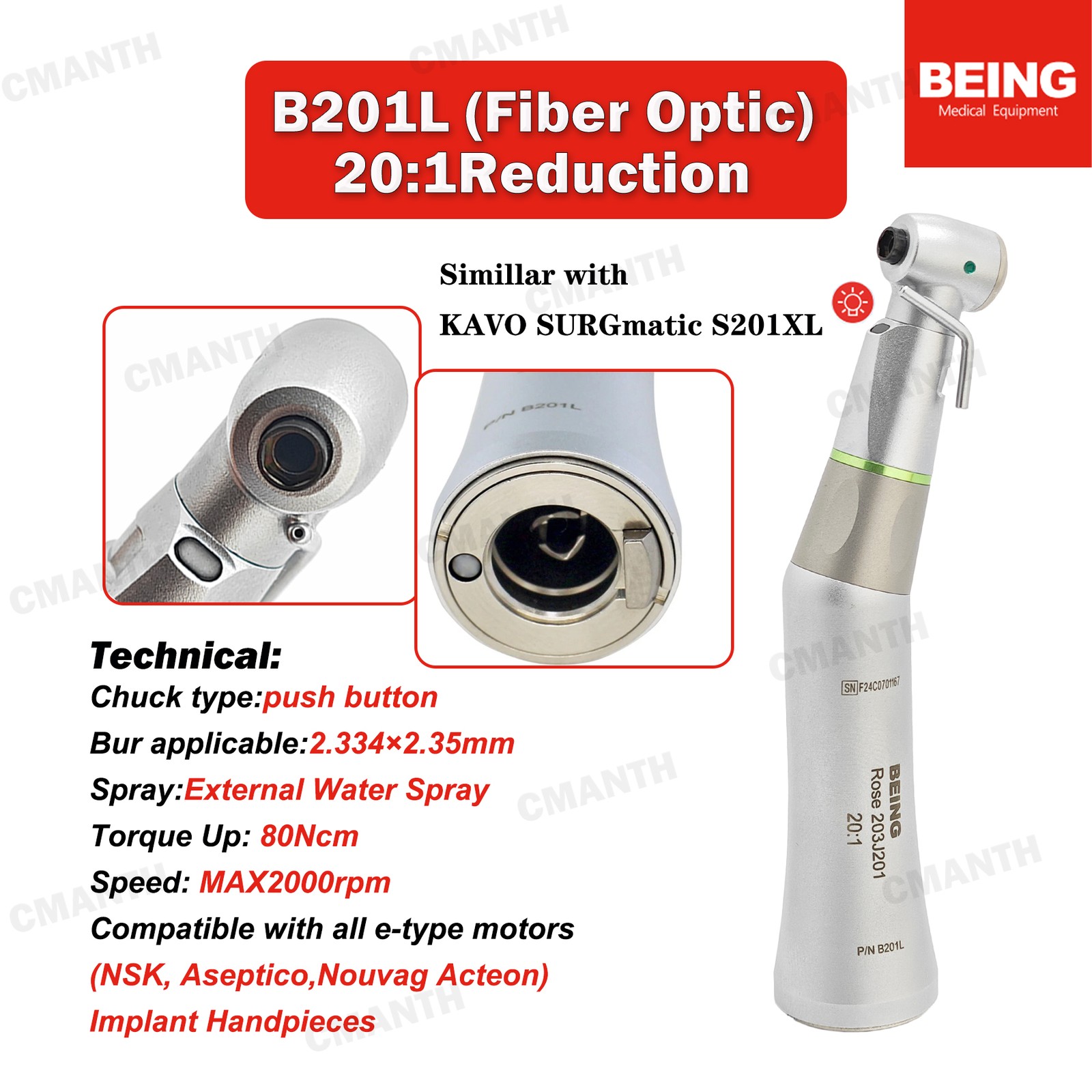 BEING Dental Low Speed Handpiece Contra Angle1:1 20:1Fiber Optic2/4/6H Air Motor