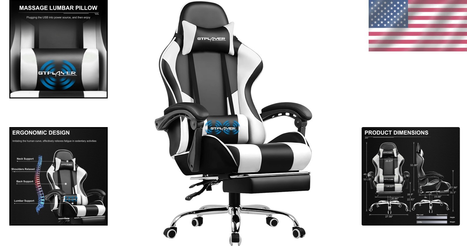 Gaming Chair Office Chair with Footrest Lumbar Support 360 Swivel Adjustable …