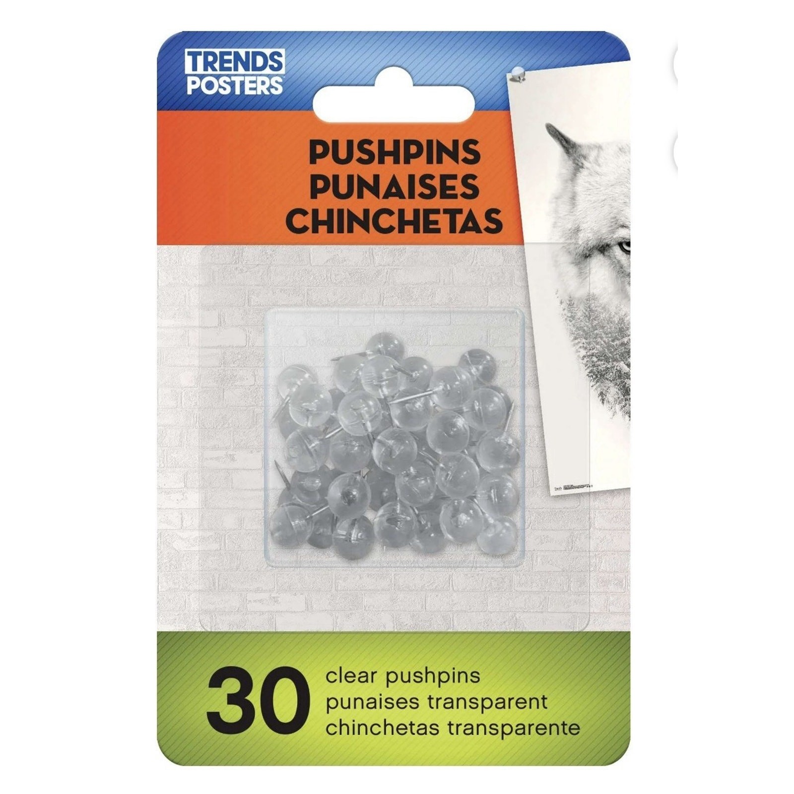 Trends Posters- Clear (30-Count) Clear Push Pins Thumb Tacks