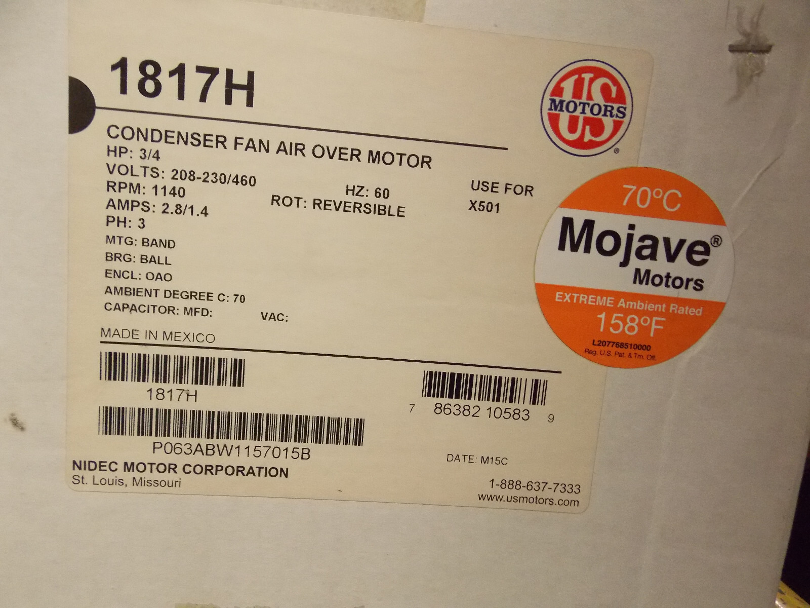 US Motors 1817H Mojave 600W Condenser Motor 56Z 1140 RPM 3/4 HP 208V-230V/460V
