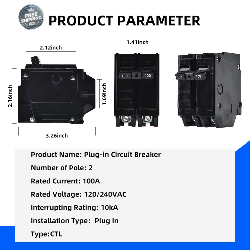 100 Amp Breaker, 2 Pole Circuit Breaker 120/240VAC 10KA Plug-In Mount