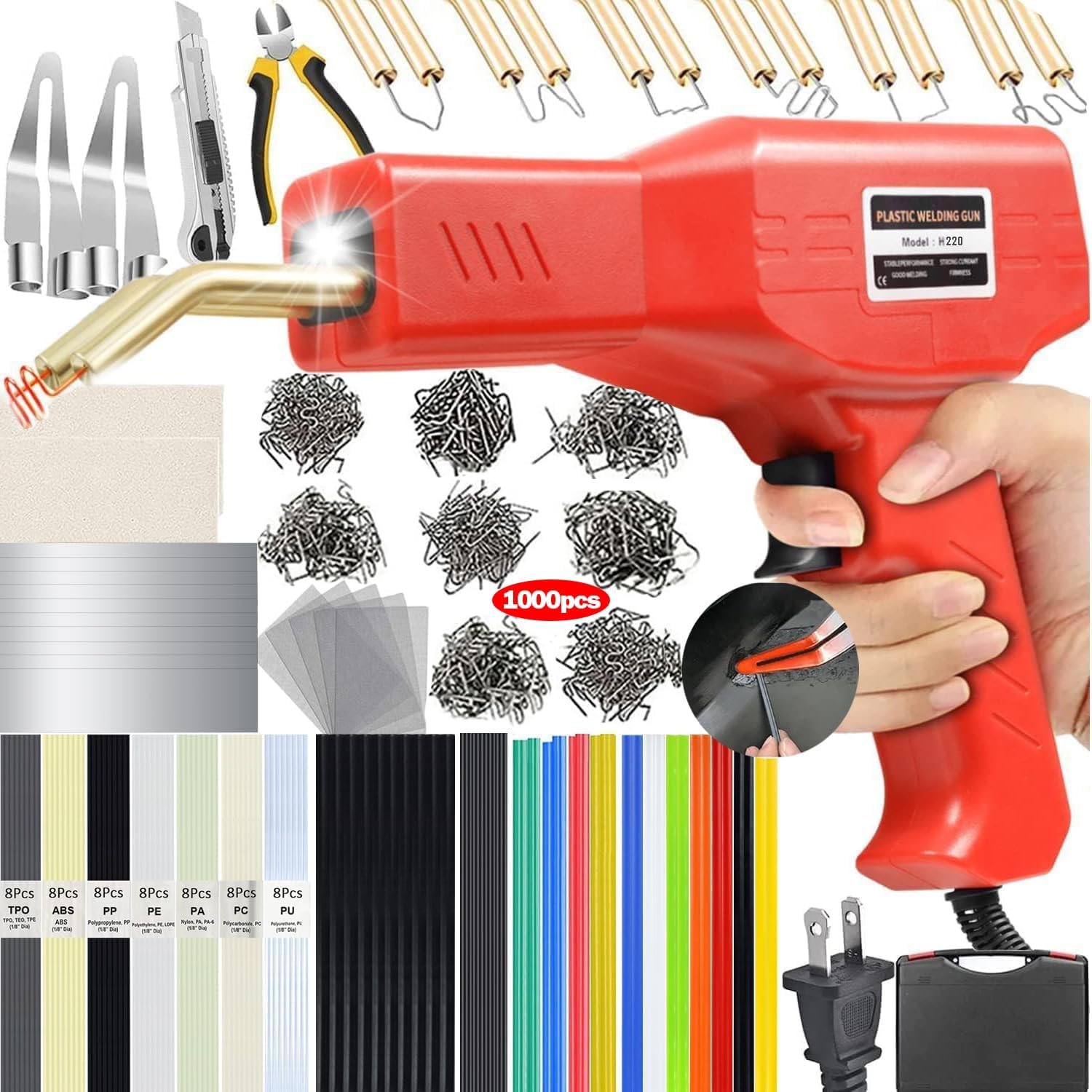 Plastic Welder 220W Welding Kit Repair 1000PCS Hot Stapler Rods Soldering Gun