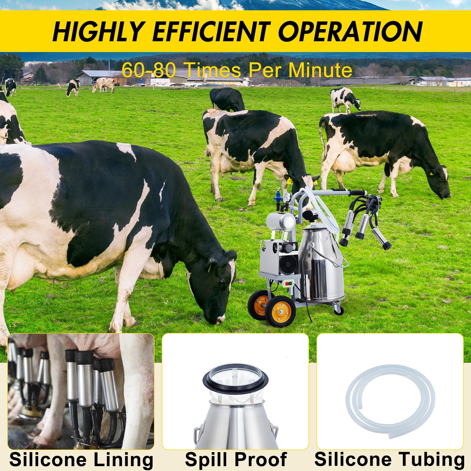 25L Electric Cow Milking Machine Milking Equipment 304 Stainless Steel Bucket US