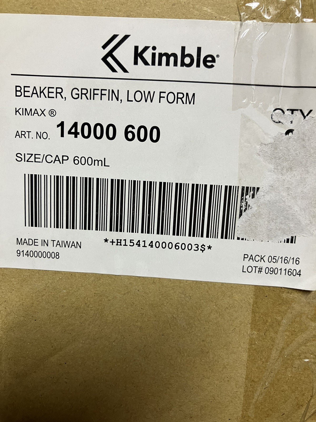 KIMAX Glass 600mL Low Form Dual Scale Graduated Griffin Beaker 14000-600
