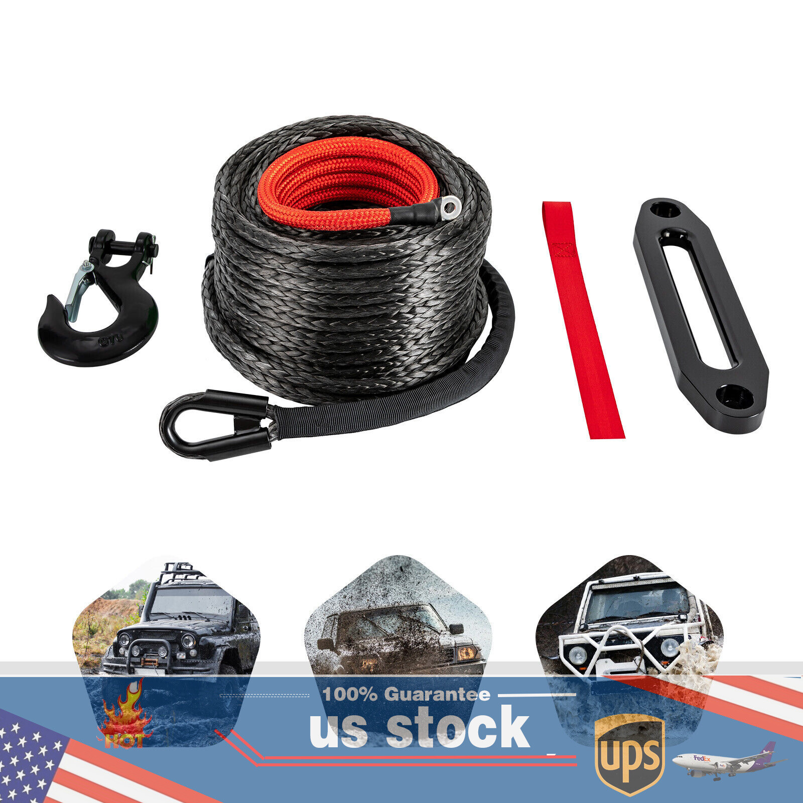 1/2″x92ft Synthetic Winch Line Cable Rope With Sleeve + Winch Hook For ATV UTV