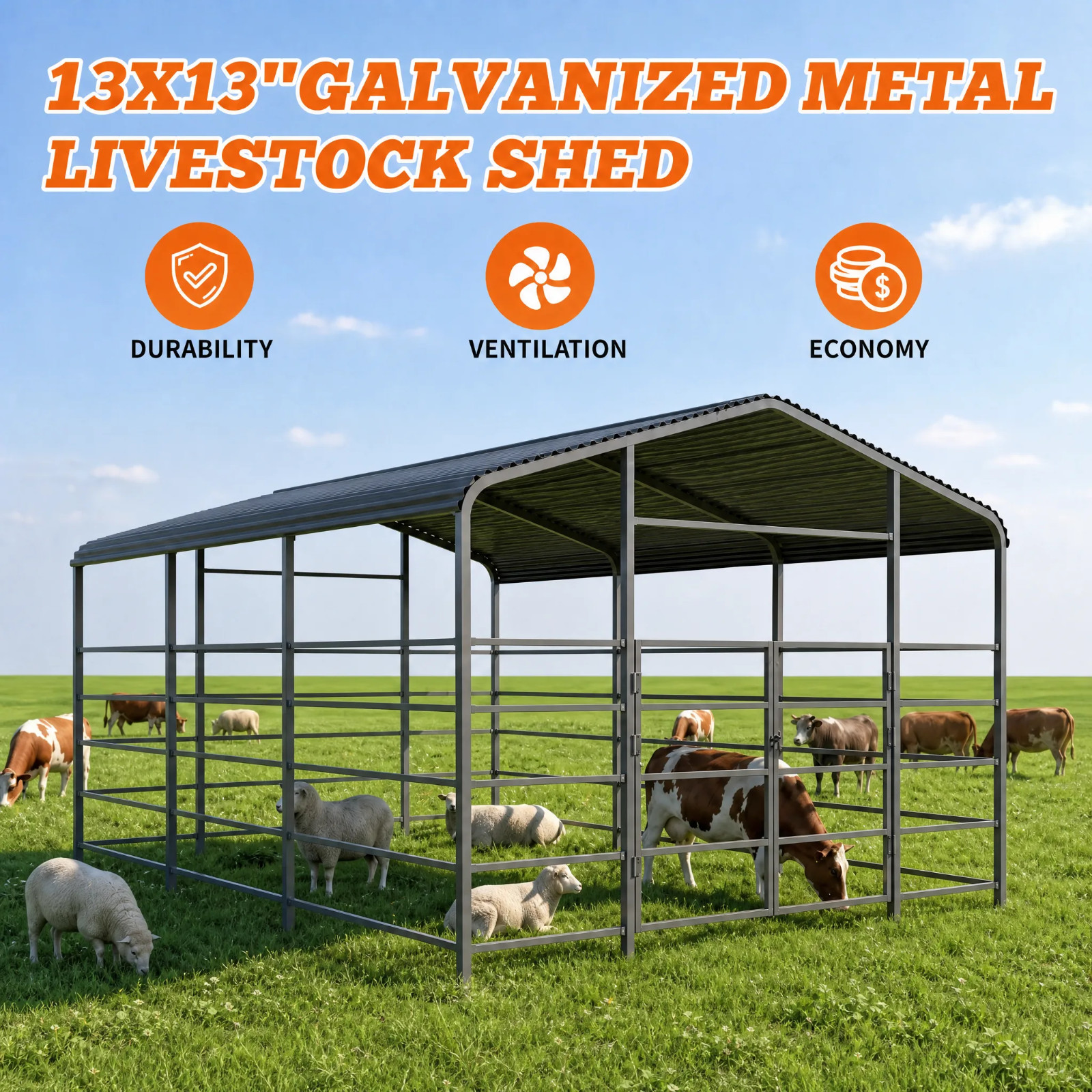 13x20ft Galvanized Heavy-Duty Livestock Shelter Metal Barn for Cattle Horse Goat