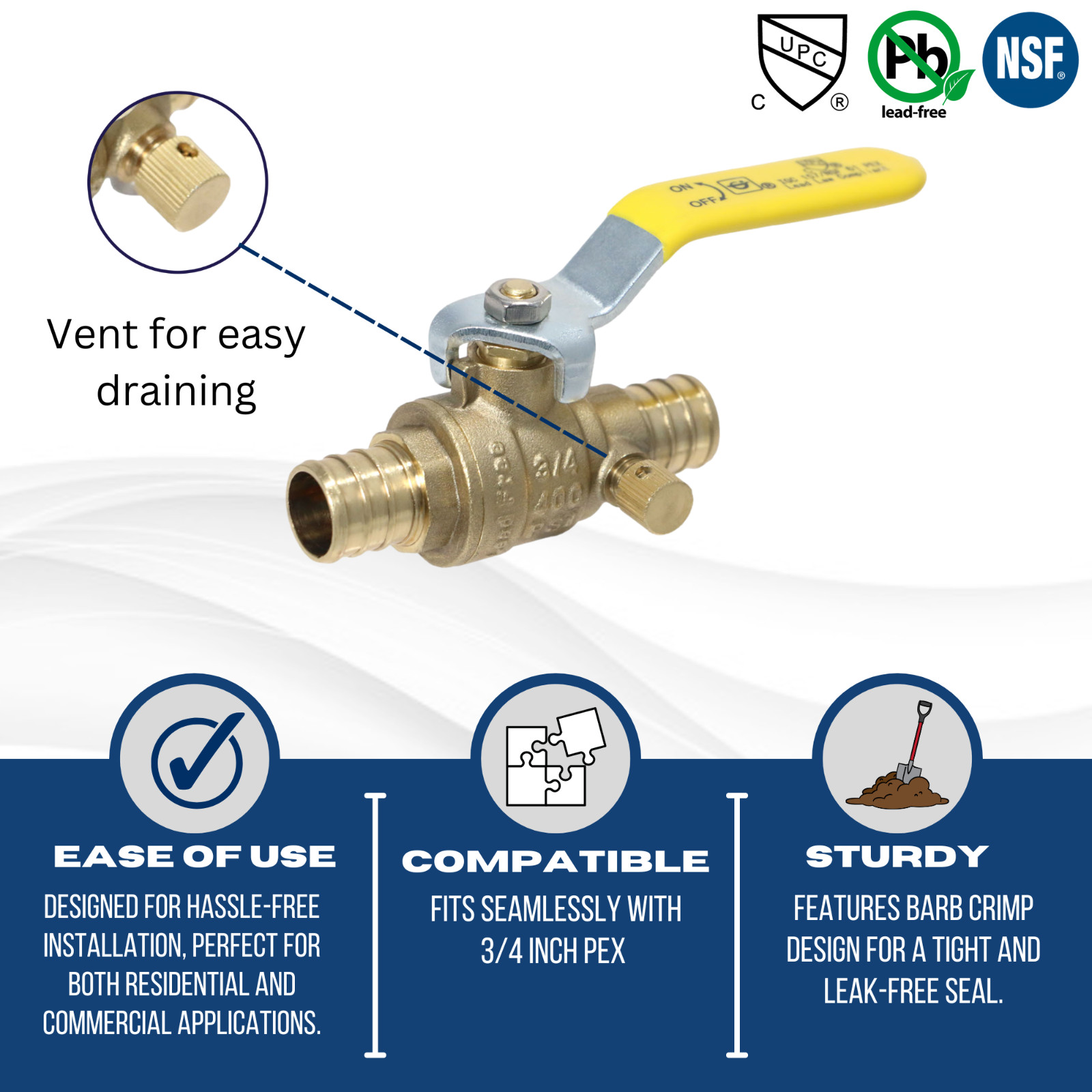 1 Pc. XFITTING 3/4″ Pex Ball Valve with Drain, Pex B, Lead Free, 24-3-7=1