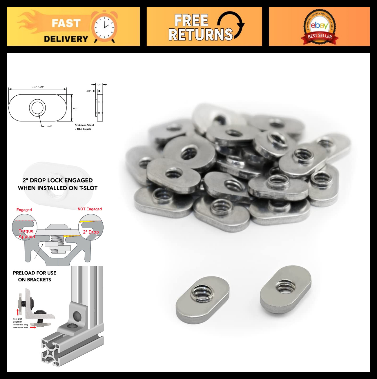 Stainless Steel 1/4-20 Centered Slide T Nuts for 10 Series Aluminum Extrusions –