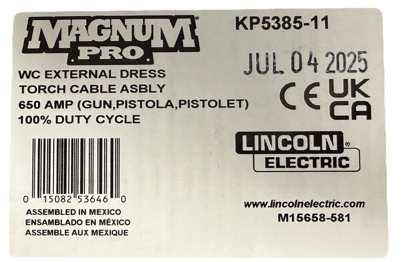 Lincoln KP5385-11 WC EXTERNAL DRESS TORCH CABLE ASBLY 650 AMP 100% Duty Cycle.