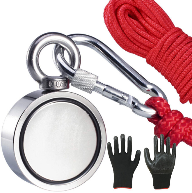 Up to 800 Lbs Double-Sided Fishing Magnet Kit Pull Force Rope, Carabiner, Glove